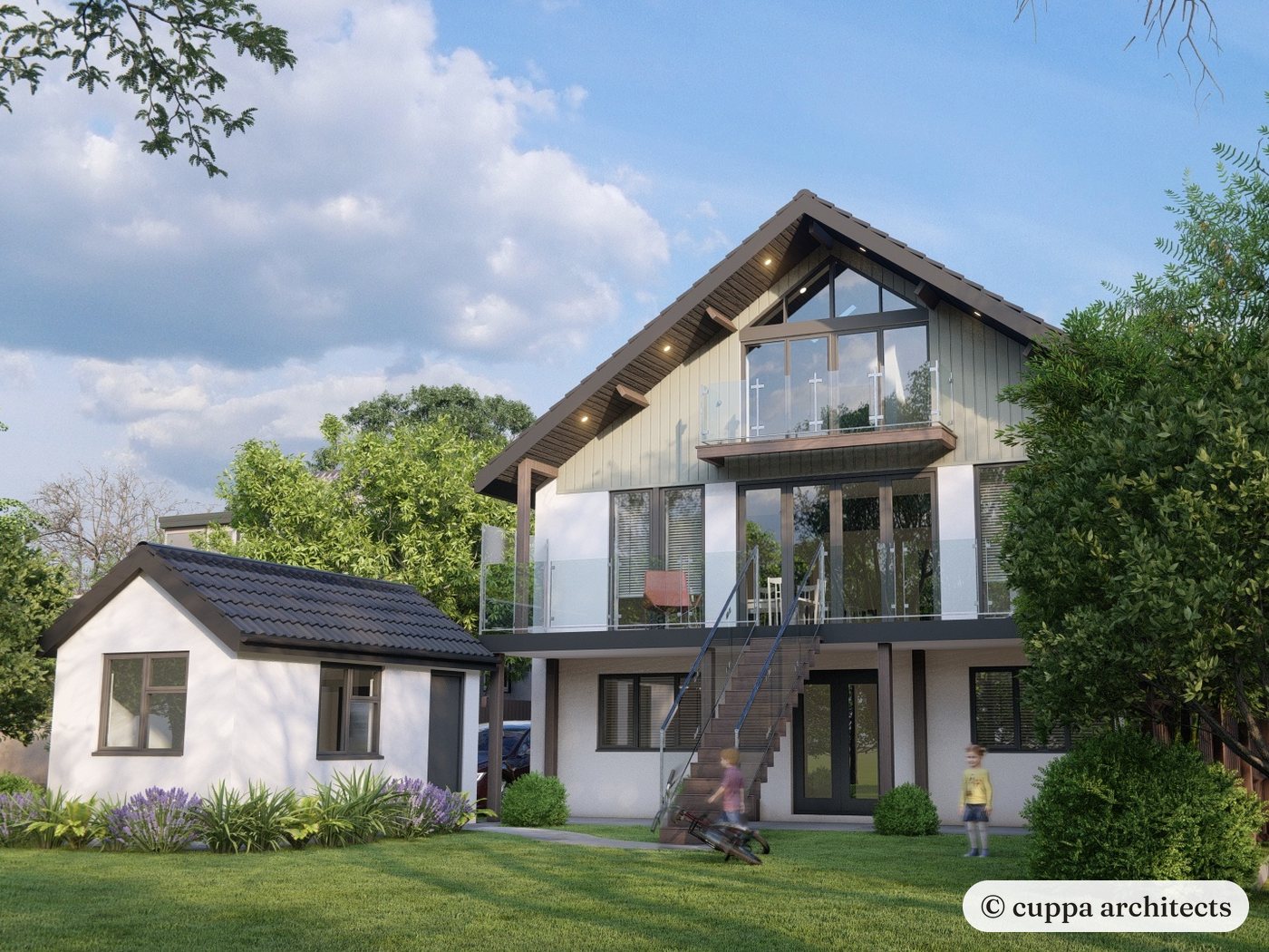 A visualisation of the bungalow transformed, with a two storey rear extension, balcony and glazed gable