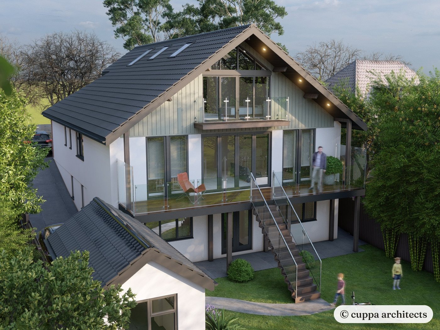 An aerial visualisation of the rear, with a balcony, external stair and new glazed gable