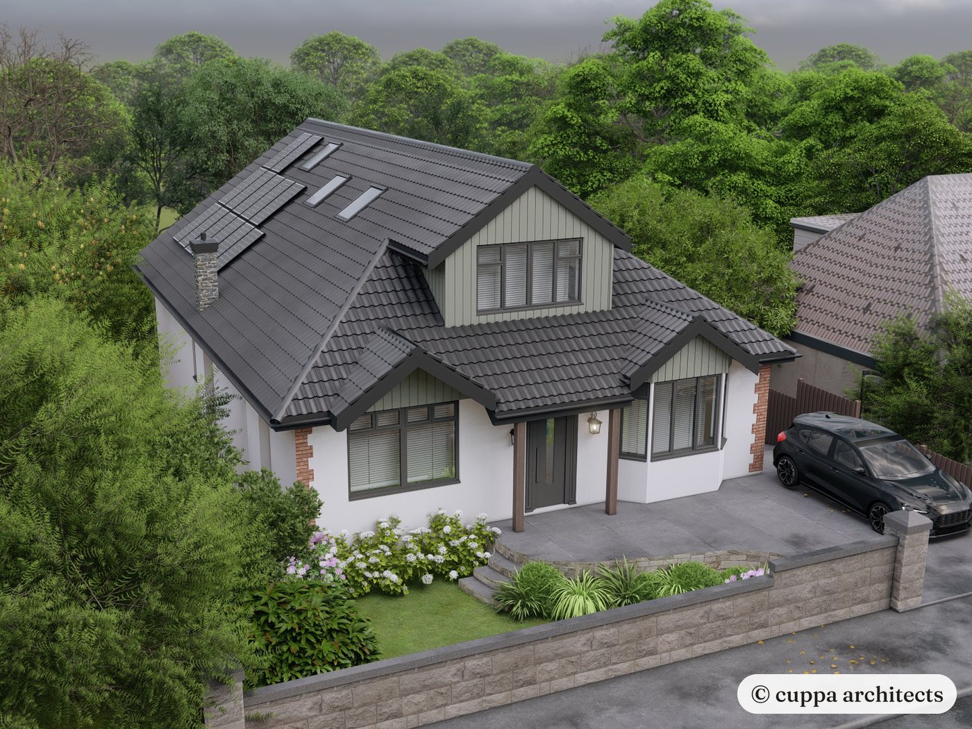 An aerial visualisation of the front, with a new dormer and roof windows