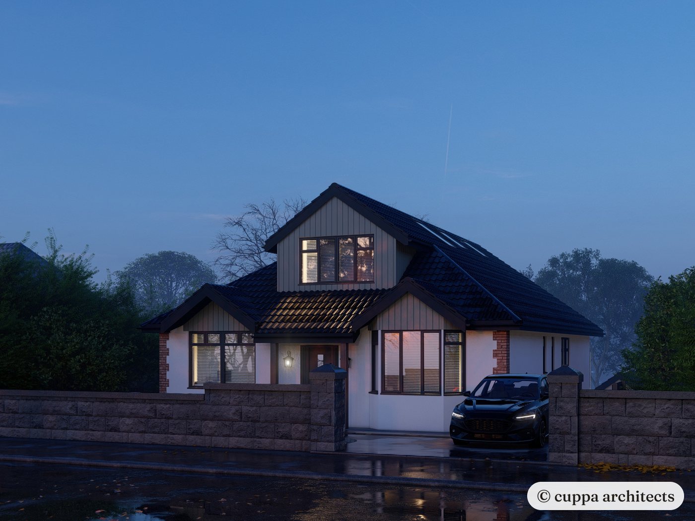 A visualisation of the front of the house at dusk