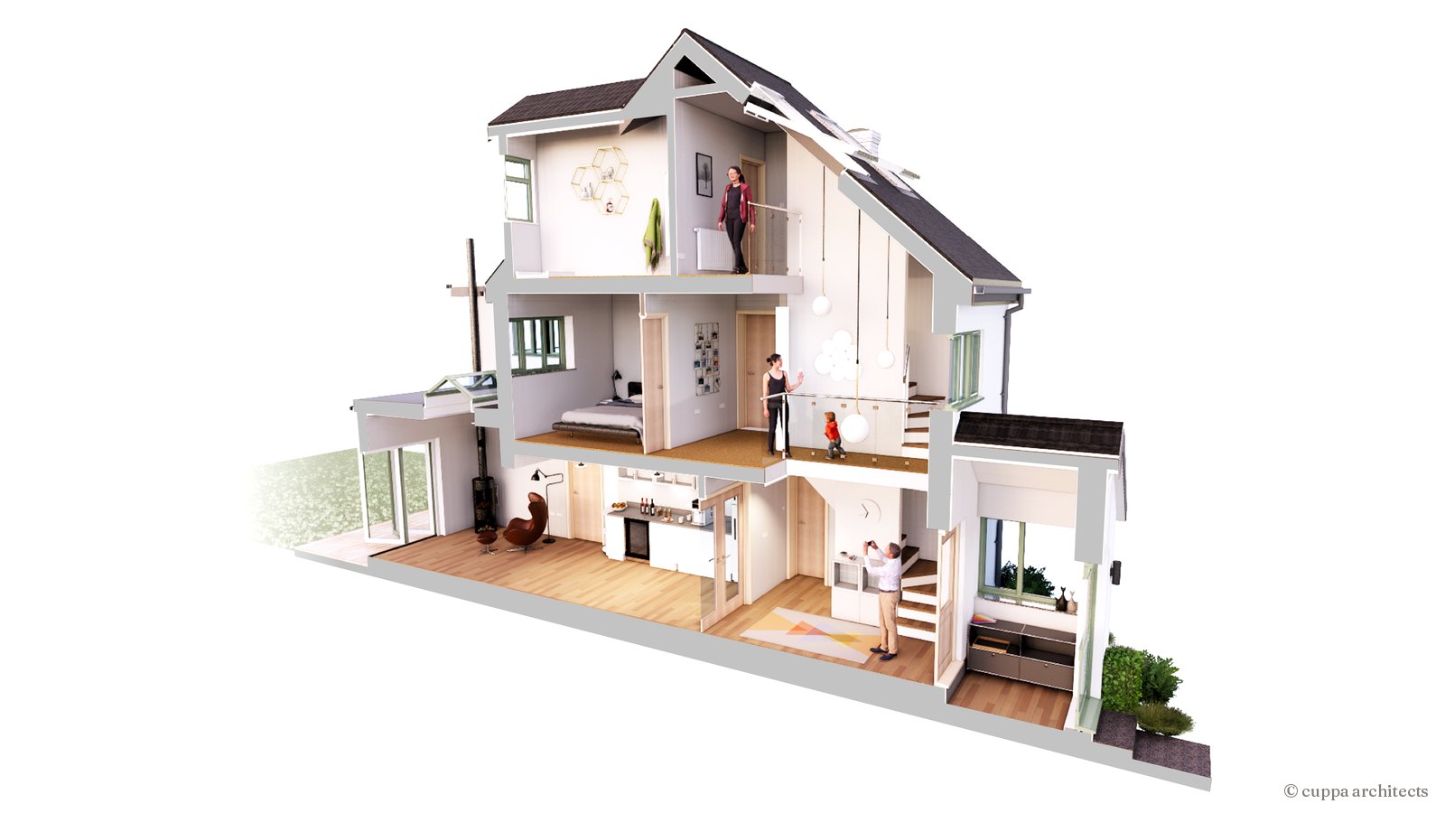 A coloured cutaway section through a house with a new entrance atrium
