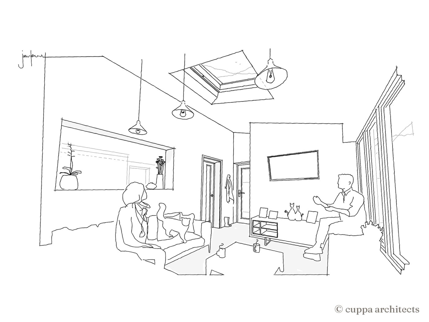 An early 3D sketch of the garden room, with a roof light, pendant lights and glazed doors to the garden