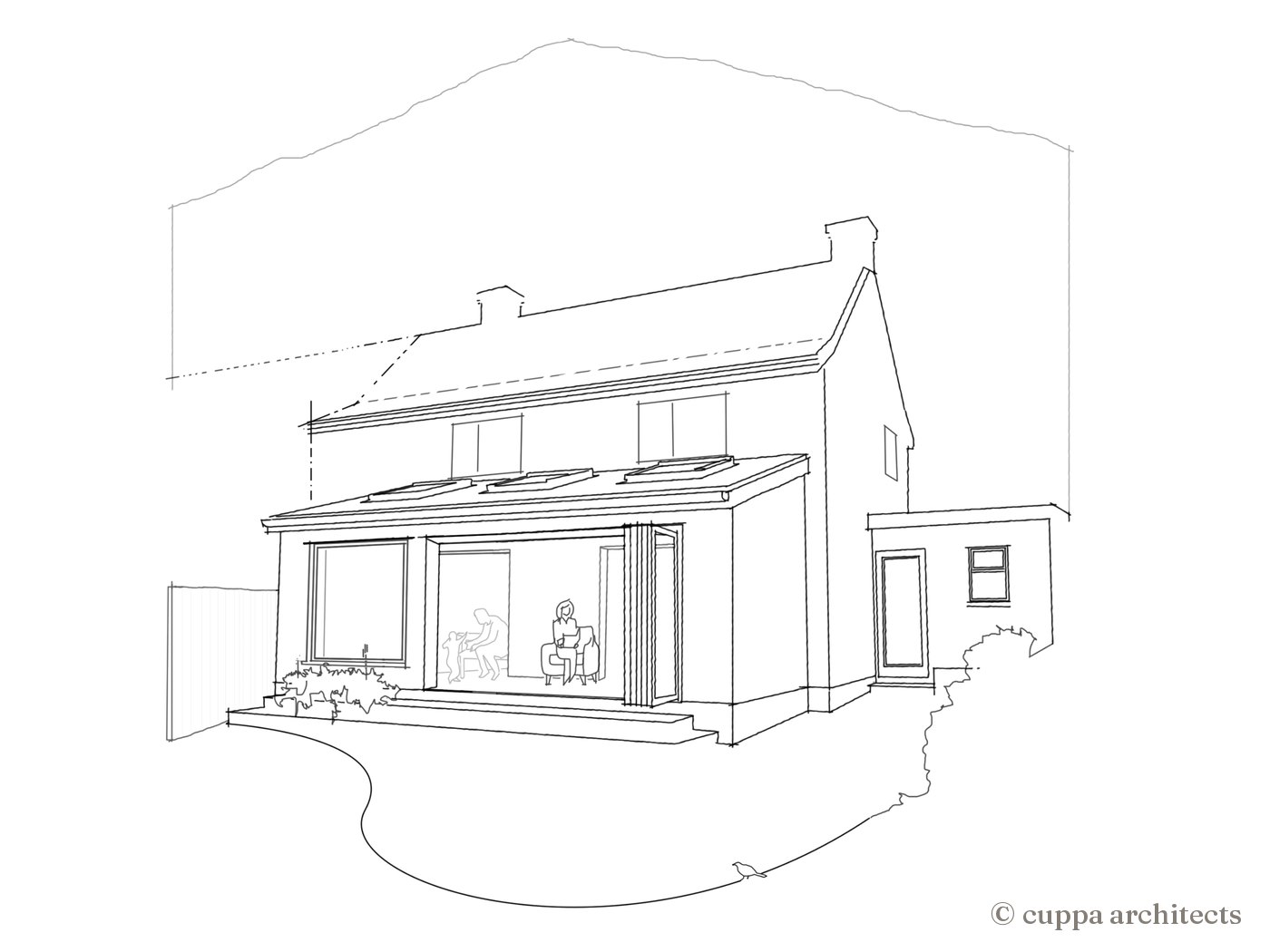 An early hand sketch of the rear extension, with roof lights, a picture window and folding doors to the garden