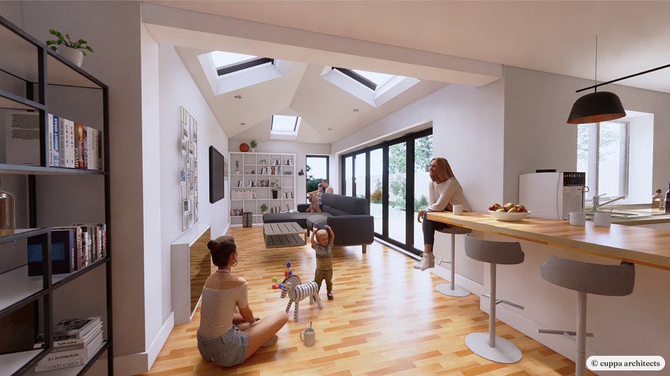 A visualisation of an open-plan kitchen and living room with roof windows