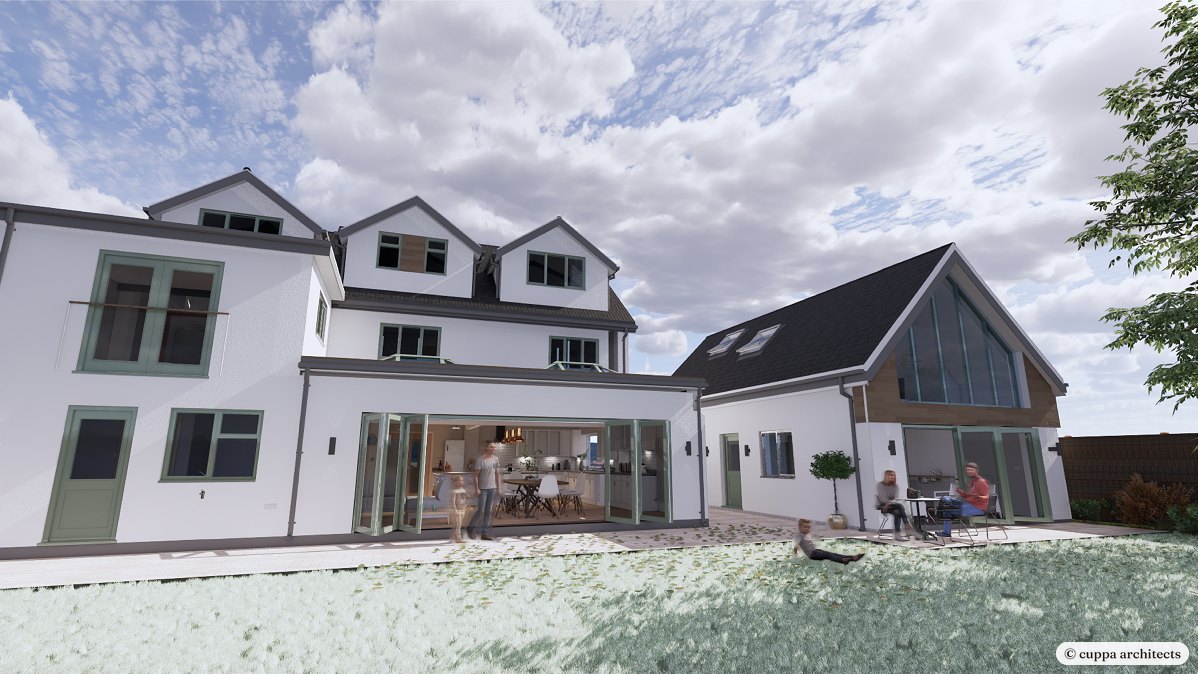 A visualisation of a house with new dormers and a gabled rear extension